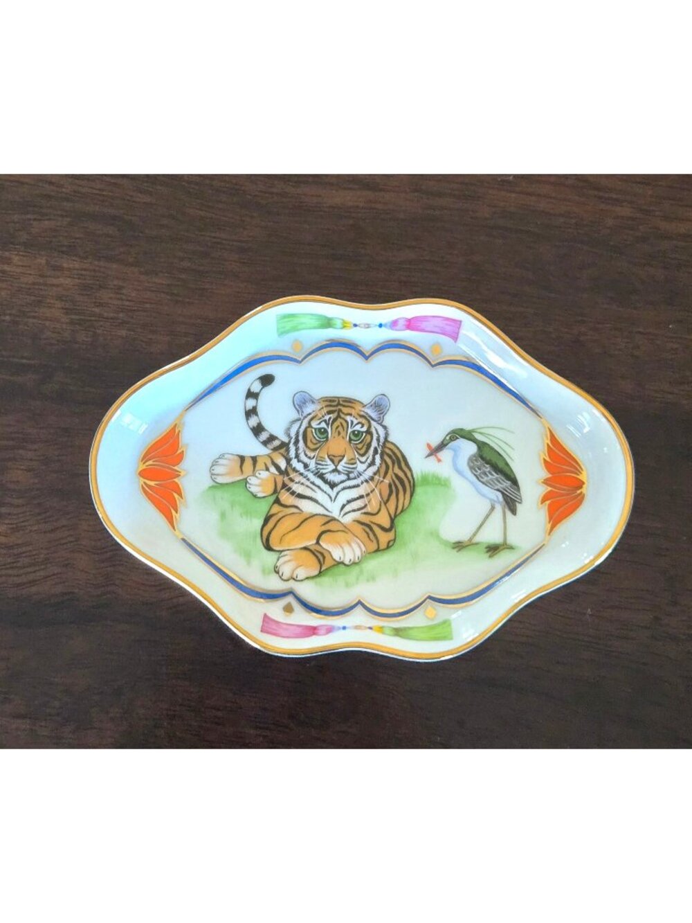 Lynn Chase Raj Tiger hand painted Decorative Porcelain Tray 24K Gold Accents 199